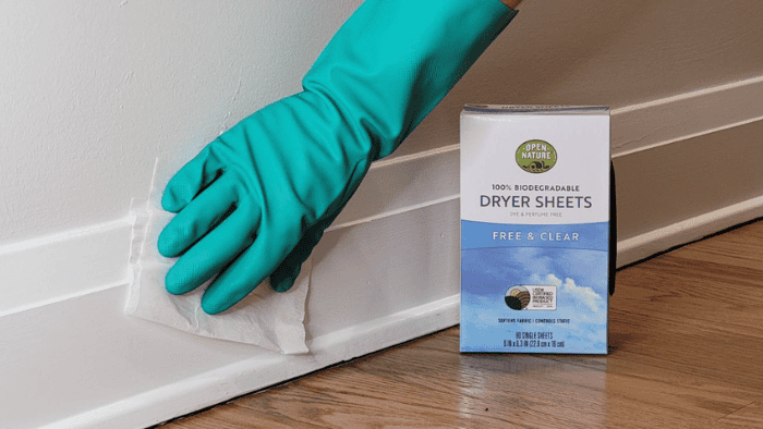 cleaning baseboards dryer sheet